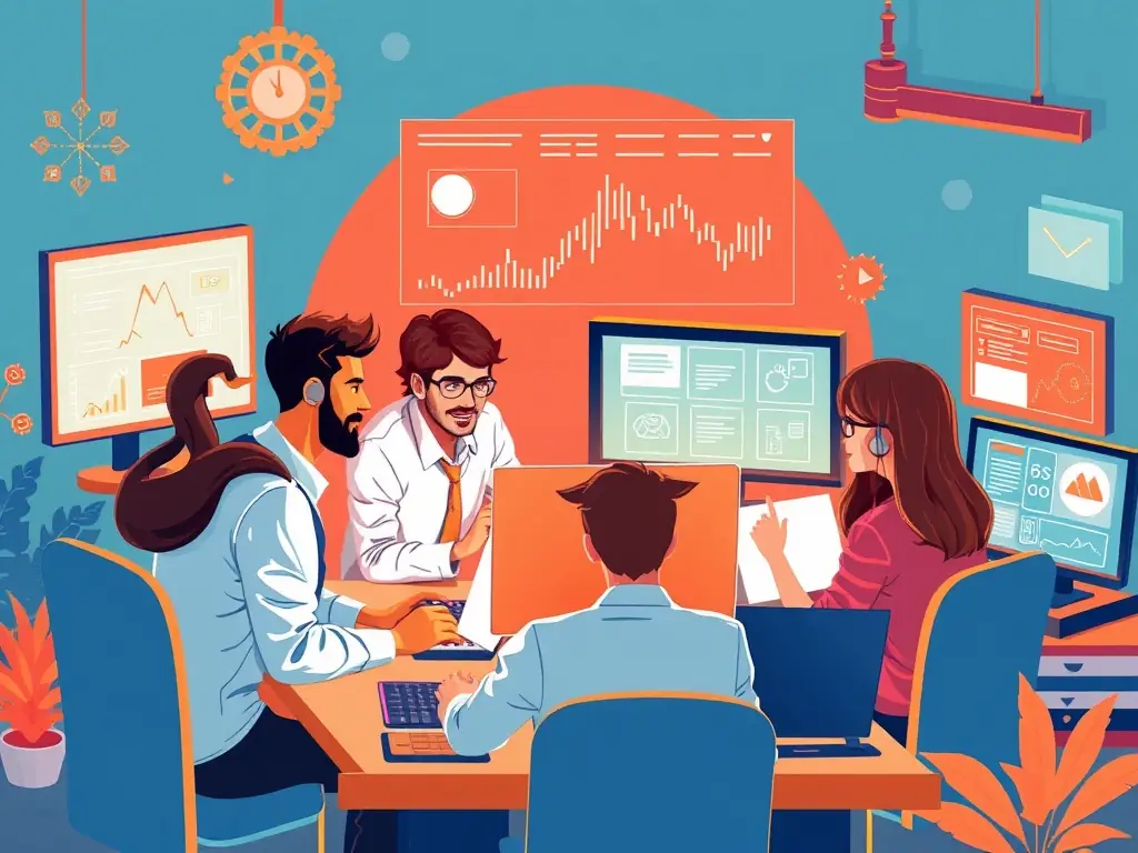 IT professionals collaborating on a project surrounded by technology.